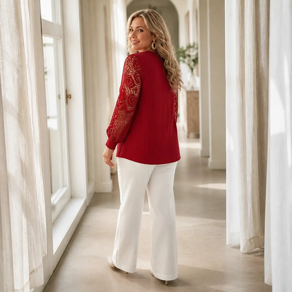 Burgundy Women's Lace Sleeve Top with Button-Front V-Neck & Ribbed Knit — Philippa - Back Full Pose