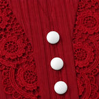 Burgundy Women's Lace Sleeve Top with Button-Front V-Neck & Ribbed Knit — Philippa - Close Up Button Detail