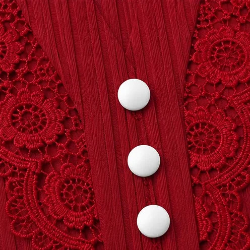 Burgundy Women's Lace Sleeve Top with Button-Front V-Neck & Ribbed Knit — Philippa - Close Up Button Detail