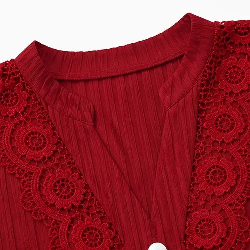 Burgundy Women's Lace Sleeve Top with Button-Front V-Neck & Ribbed Knit — Philippa - Close Up Collar Detail