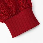 Burgundy Women's Lace Sleeve Top with Button-Front V-Neck & Ribbed Knit — Philippa - Close Up Cuff Detail