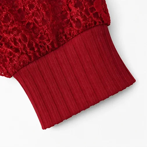 Burgundy Women's Lace Sleeve Top with Button-Front V-Neck & Ribbed Knit — Philippa - Close Up Cuff Detail