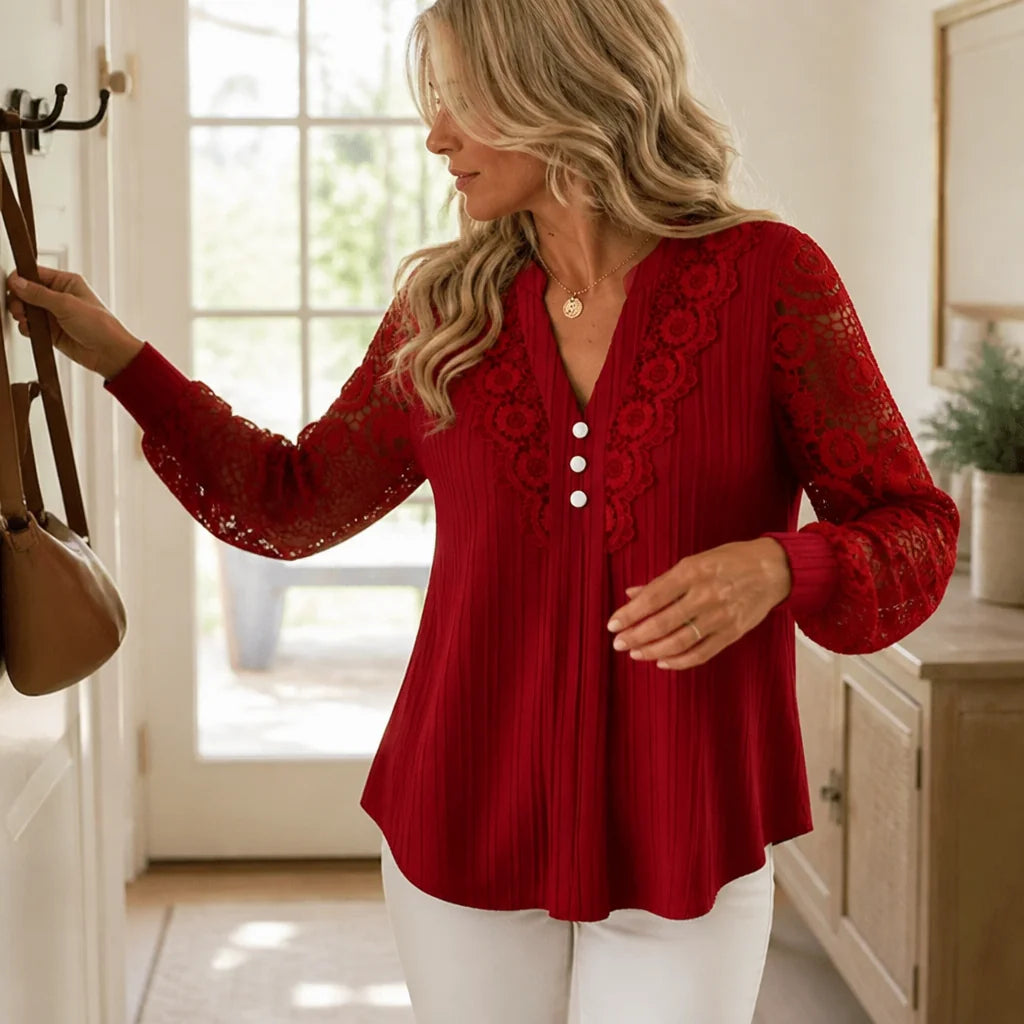 Burgundy Women's Lace Sleeve Top with Button-Front V-Neck & Ribbed Knit — Philippa - Doorway Side Pose