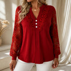 Burgundy Women's Lace Sleeve Top with Button-Front V-Neck & Ribbed Knit — Philippa - Front Close Buttons