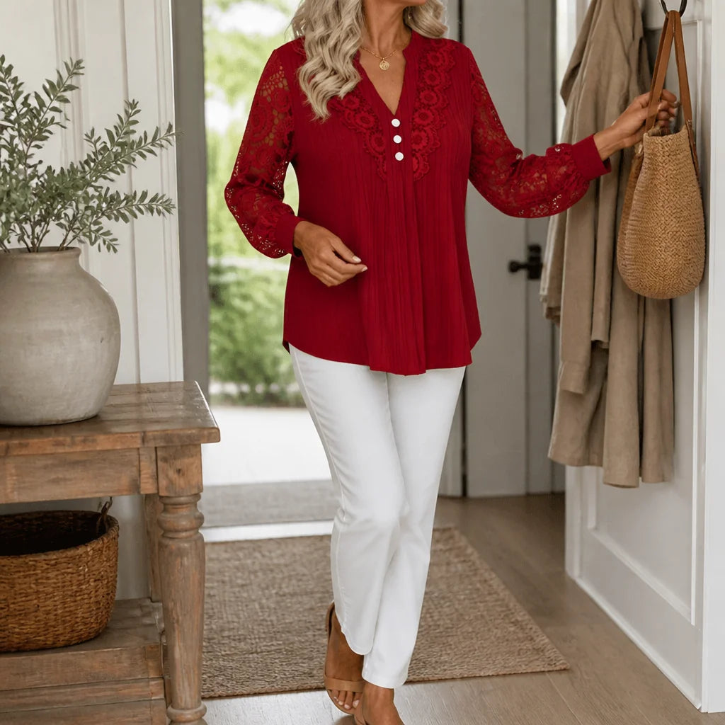 Burgundy Women's Lace Sleeve Top with Button-Front V-Neck & Ribbed Knit — Philippa - Front Full Walking