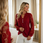 Burgundy Women's Lace Sleeve Top with Button-Front V-Neck & Ribbed Knit — Philippa - Mirror Reflection Pose