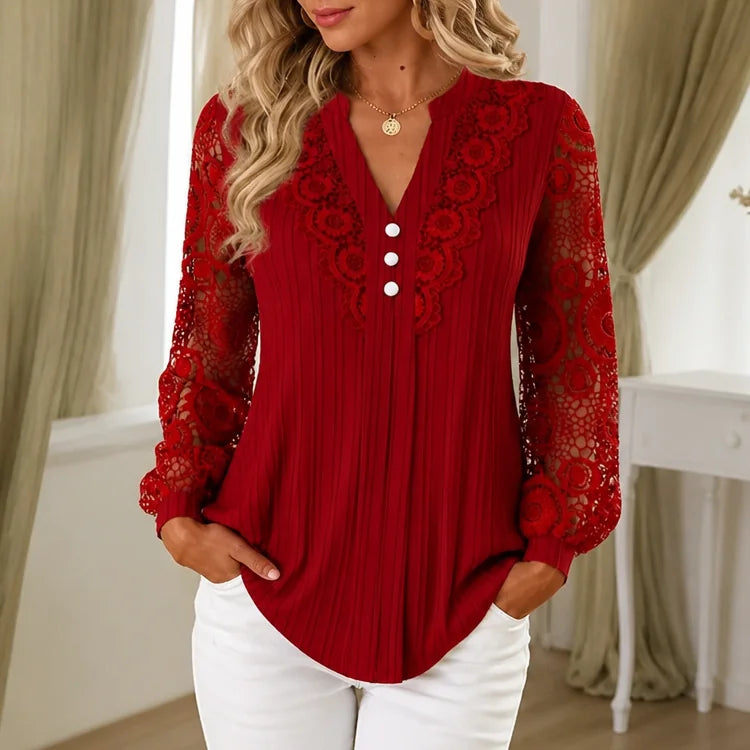 Burgundy Women's Lace Sleeve Top with Button-Front V-Neck & Ribbed Knit — Philippa
