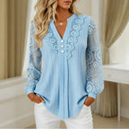 Sky Blue Women's Lace Sleeve Top with Button-Front V-Neck & Ribbed Knit — Philippa