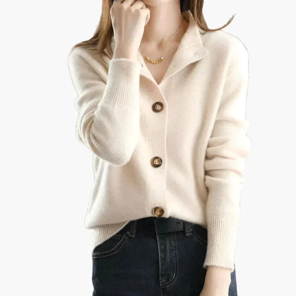 Beige Women's Lapel Knit Cardigan — Melanie Tailored Button-Front Ribbed Cuff - Front Full