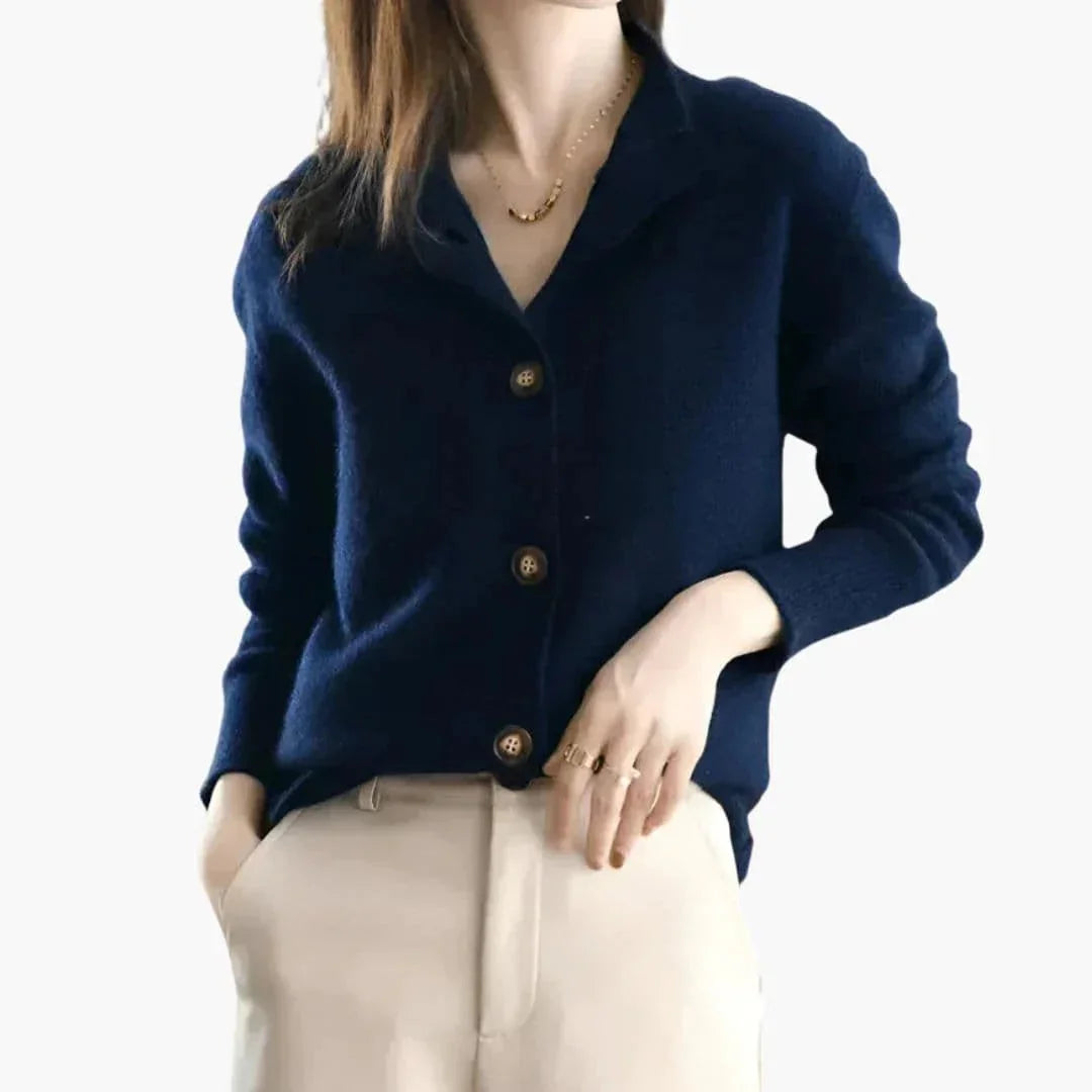 Blue Women's Lapel Knit Cardigan — Melanie Tailored Button-Front Ribbed Cuff - Hand In Pocket Pose