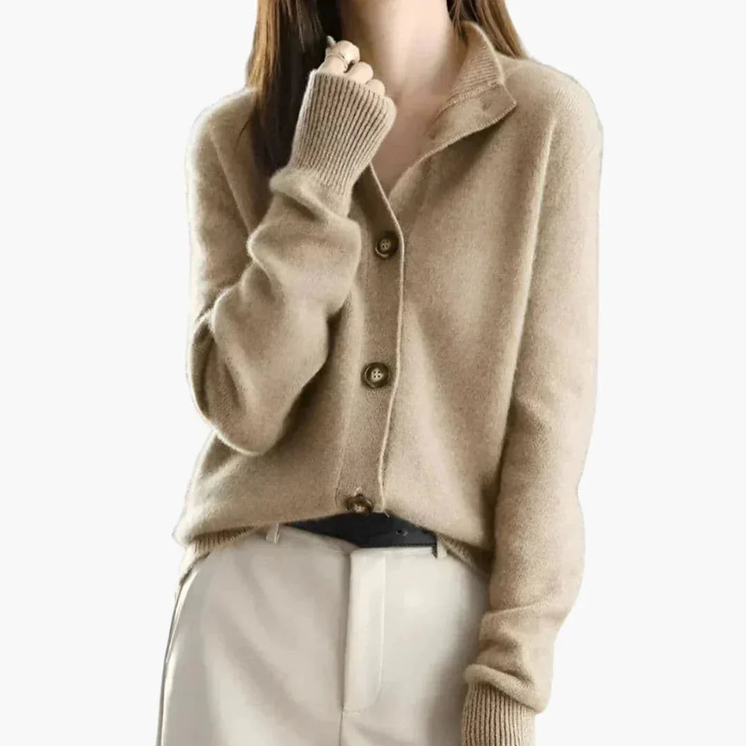 Khaki Women's Lapel Knit Cardigan — Melanie Tailored Button-Front Ribbed Cuff - Close Up Collar