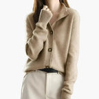Khaki Women's Lapel Knit Cardigan — Melanie Tailored Button-Front Ribbed Cuff - Close Up Collar