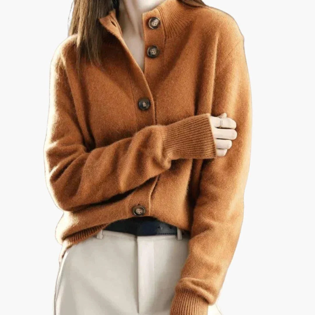 Orange Women's Lapel Knit Cardigan — Melanie Tailored Button-Front Ribbed Cuff - Arm Crossed Pose