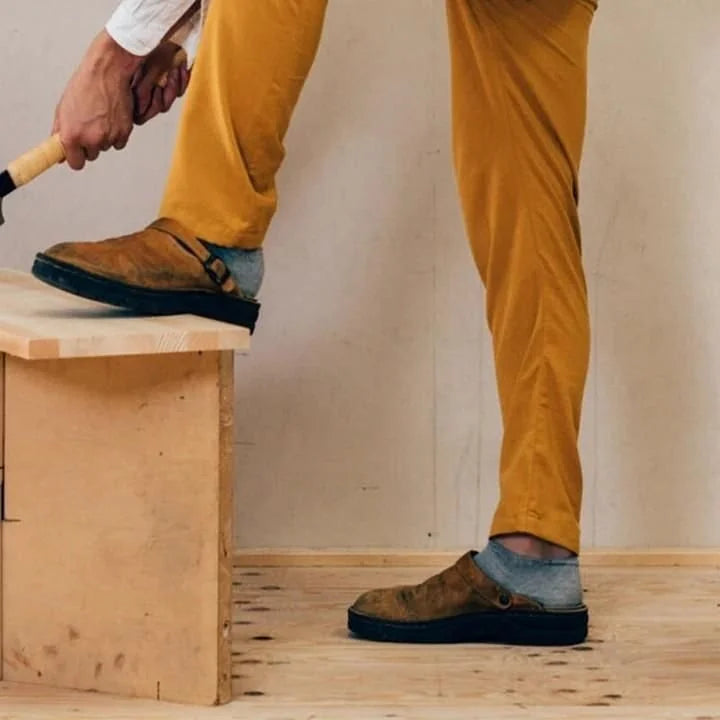 Men's Leather Mules with Adjustable Buckle & Cushioned Footbed - Worn Workshop Scene
