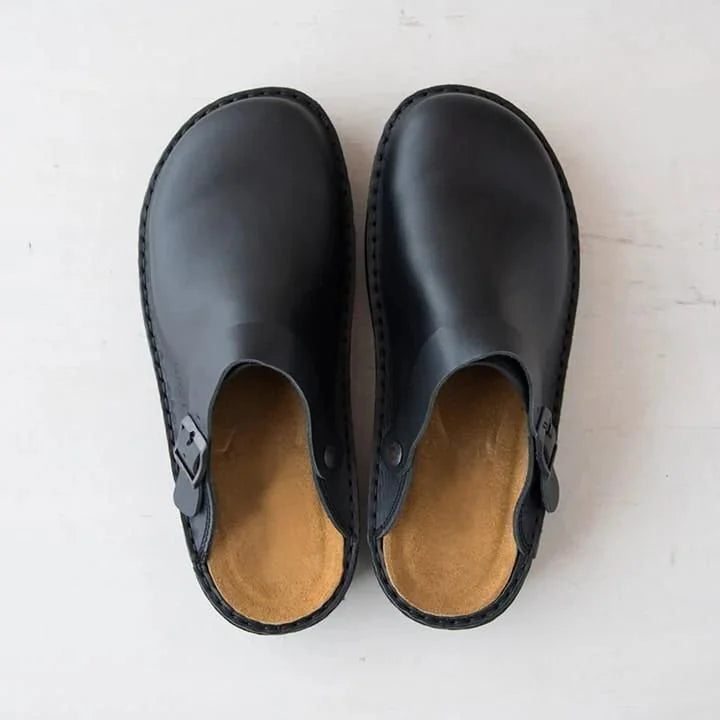 Men's Leather Mules with Adjustable Buckle & Cushioned Footbed - Top Down