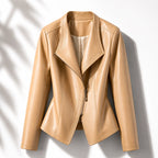 Apricot Women's Leather Jacket with Asymmetric Zip & Layered Collar