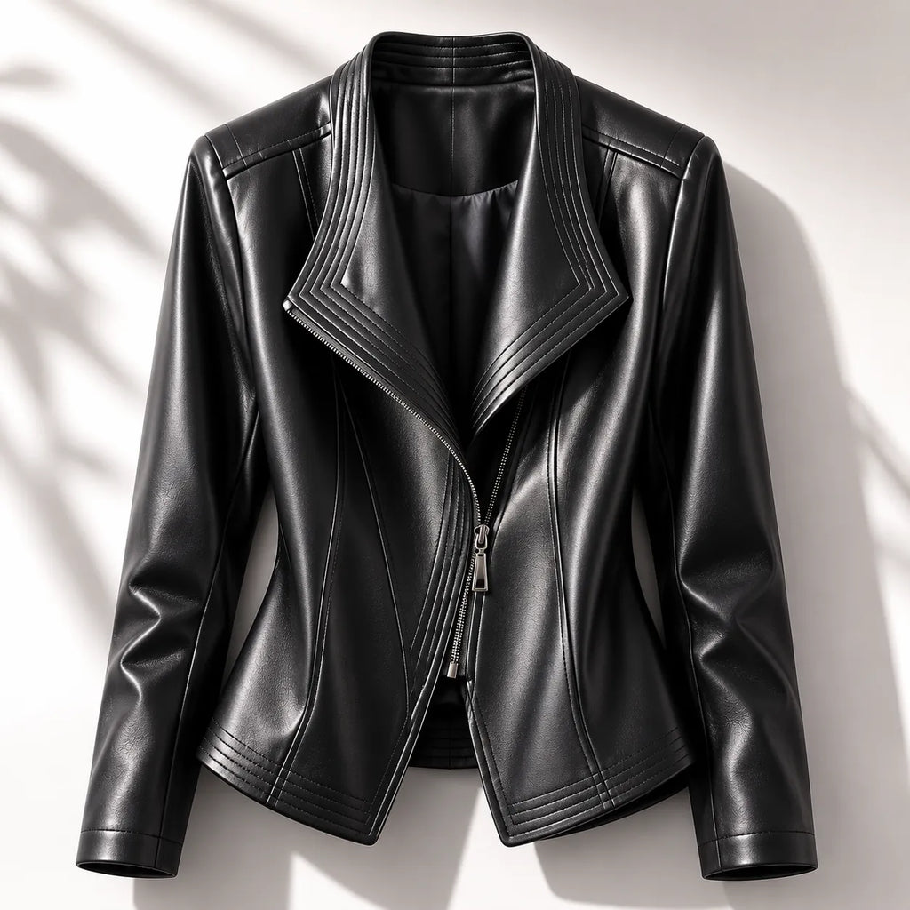 Black Women's Leather Jacket with Asymmetric Zip & Layered Collar