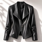 Black Women's Leather Jacket with Asymmetric Zip & Layered Collar