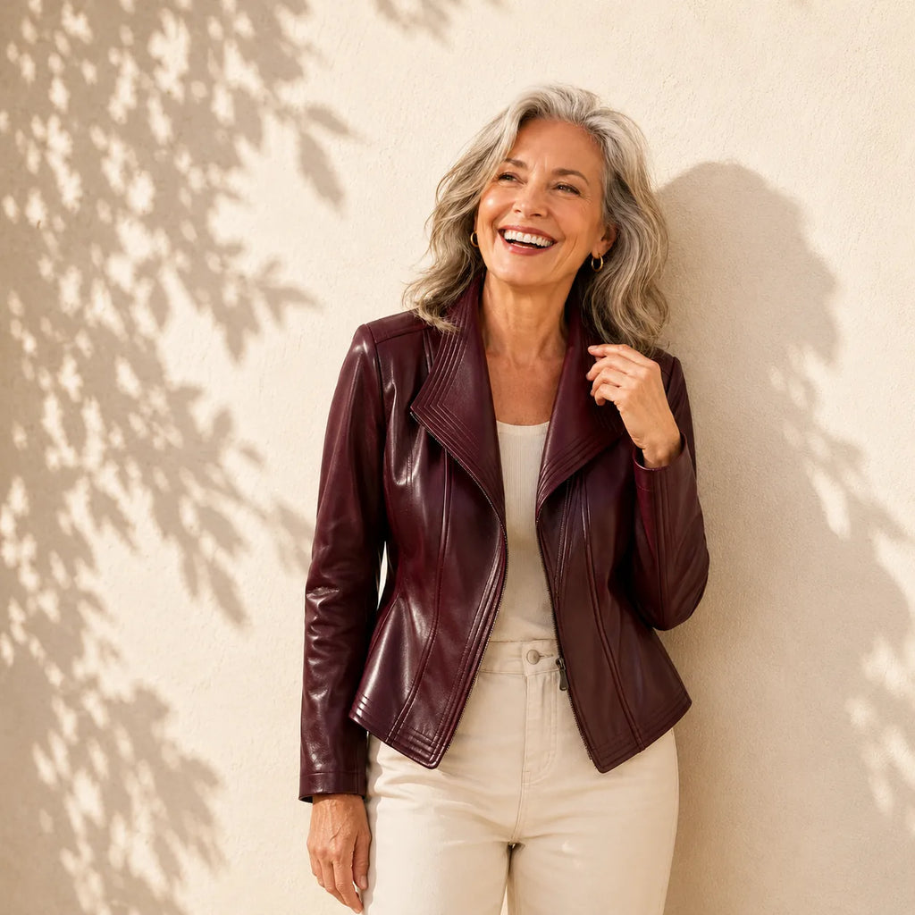 Women's Leather Jacket with Asymmetric Zip & Layered Collar - Worn Lifestyle Standing