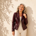 Women's Leather Jacket with Asymmetric Zip & Layered Collar - Worn Lifestyle Standing