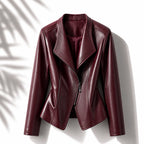 Burgundy Women's Leather Jacket with Asymmetric Zip & Layered Collar