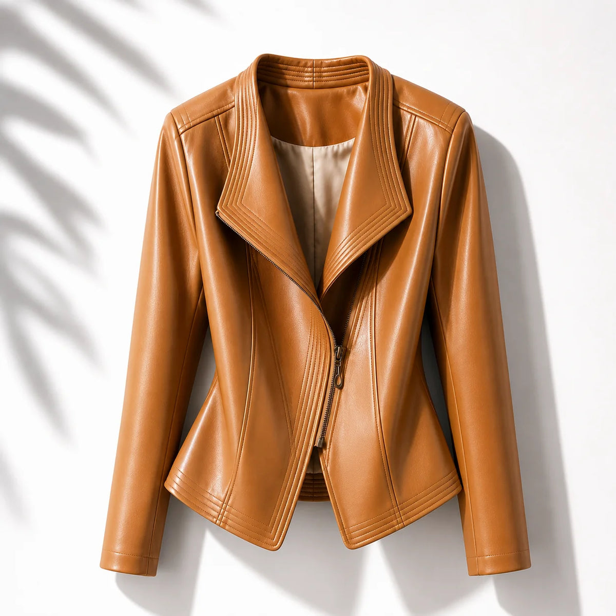 Caramel Women's Leather Jacket with Asymmetric Zip & Layered Collar