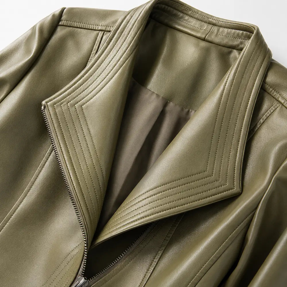 Women's Leather Jacket with Asymmetric Zip & Layered Collar - Collar Detail Close Up