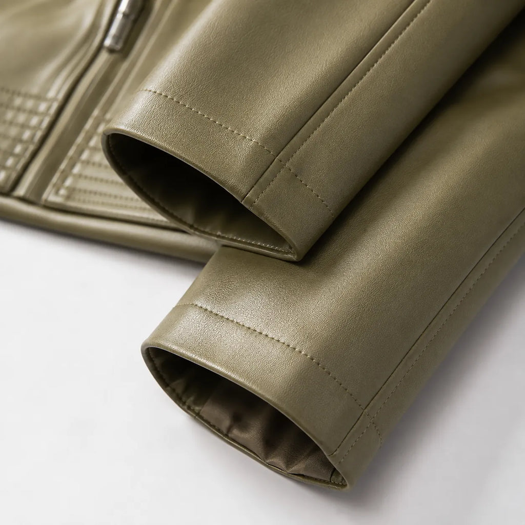 Women's Leather Jacket with Asymmetric Zip & Layered Collar - Cuff Detail Close Up