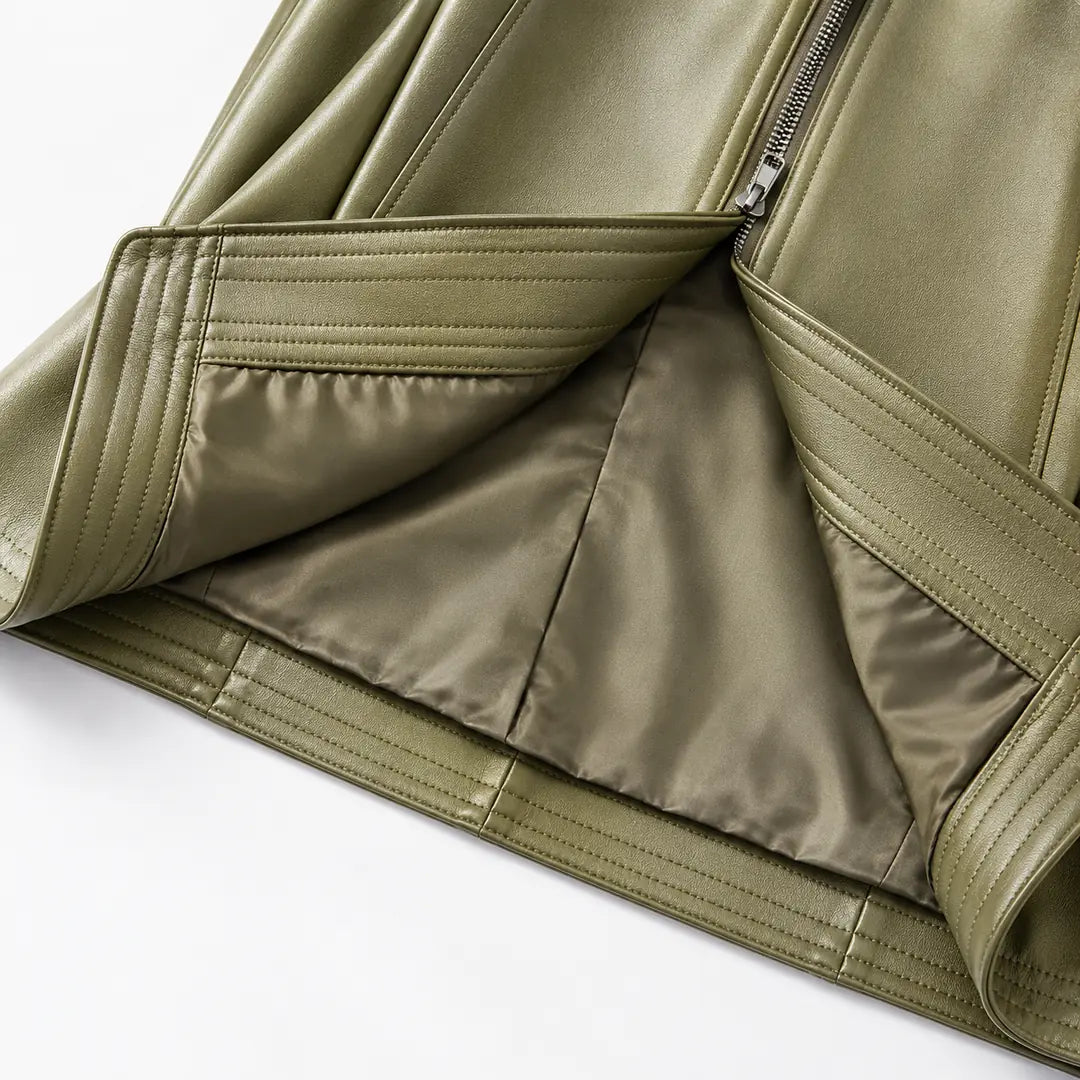 Women's Leather Jacket with Asymmetric Zip & Layered Collar - Lining Pocket Detail