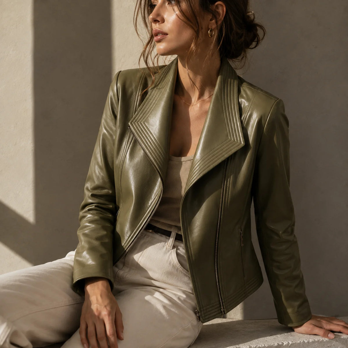 Women's Leather Jacket with Asymmetric Zip & Layered Collar - Worn Lifestyle Seated