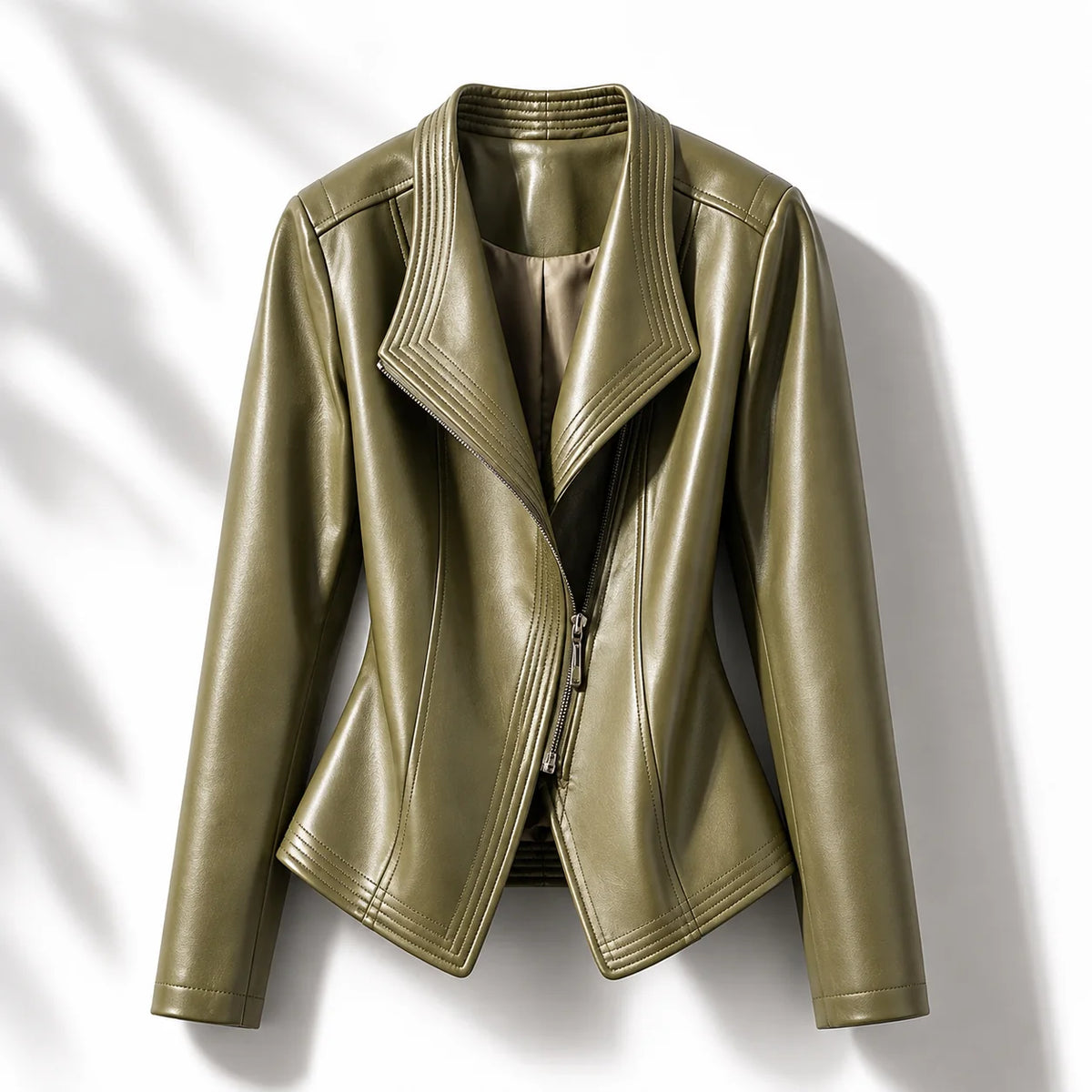 Green Women's Leather Jacket with Asymmetric Zip & Layered Collar