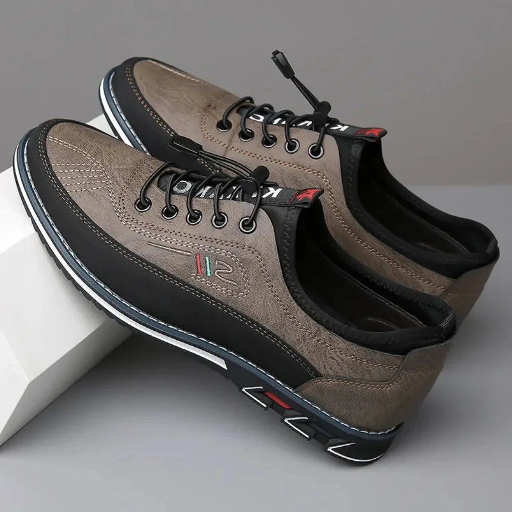 Khaki Men's Lace-Up Oxford Shoes — Harrison Leather Non-Slip Casual - Pair Side Angle