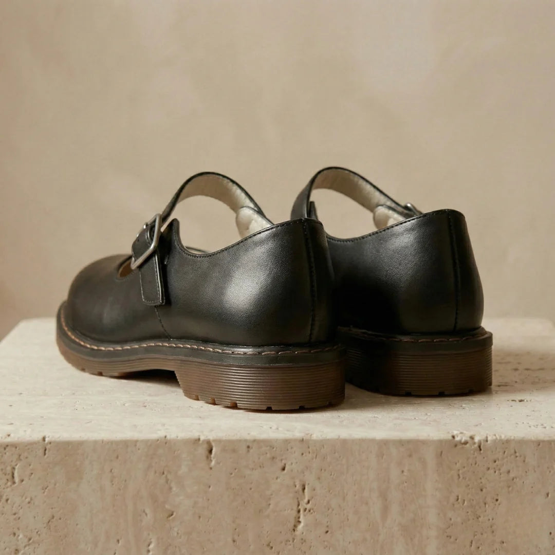 Black Women's Leather Mary Janes — Miranda Buckle Strap Round Toe Flats - Back Detail