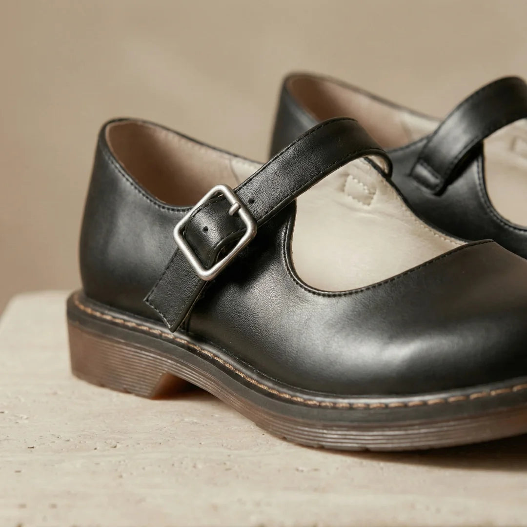Black Women's Leather Mary Janes — Miranda Buckle Strap Round Toe Flats - Buckle Detail