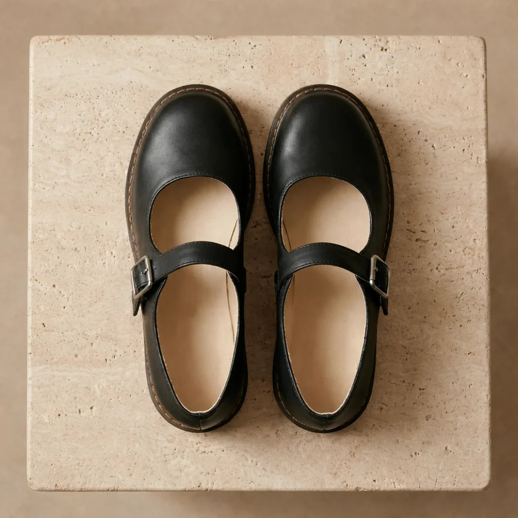 Black Women's Leather Mary Janes — Miranda Buckle Strap Round Toe Flats - Flat Lay
