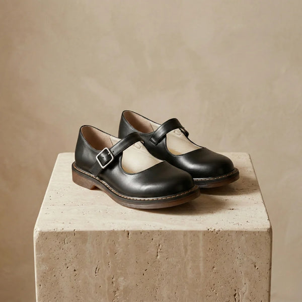 Black Women's Leather Mary Janes — Miranda Buckle Strap Round Toe Flats - Front Full
