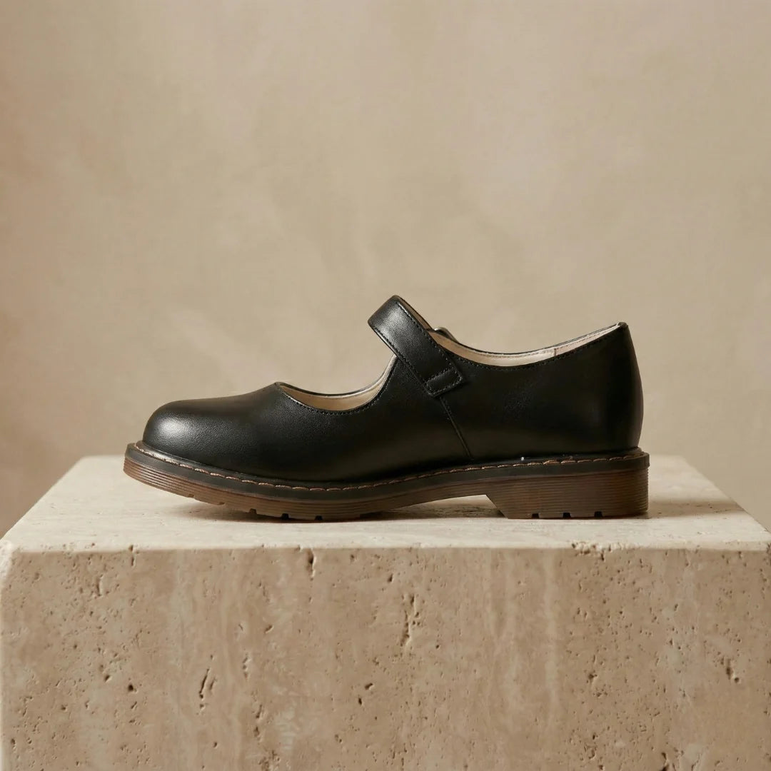 Black Women's Leather Mary Janes — Miranda Buckle Strap Round Toe Flats - Side Profile