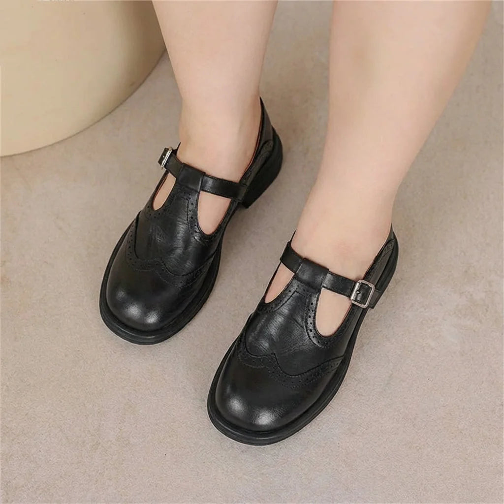 Black Women's T-Strap Leather Mary Janes — Jane Burnished Buckle Brogue - Close Up Front