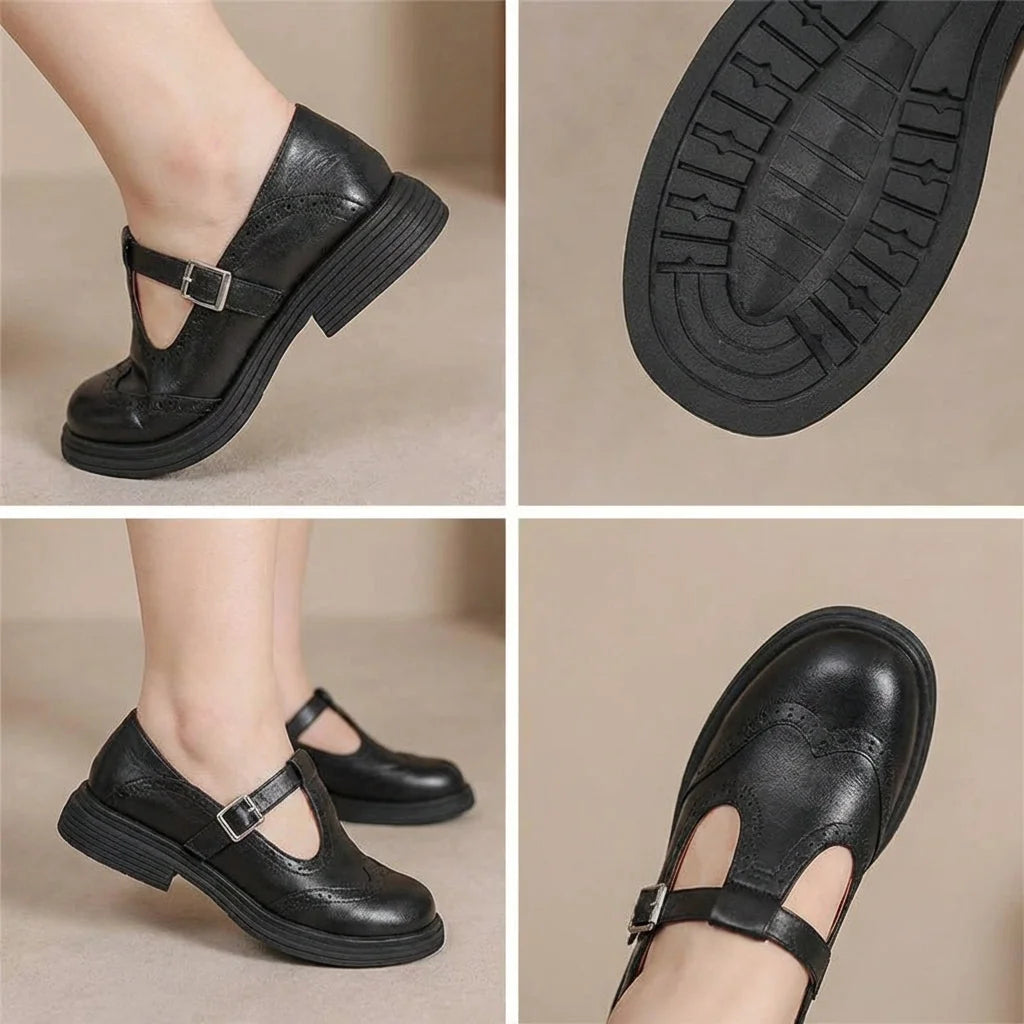 Black Women's T-Strap Leather Mary Janes — Jane Burnished Buckle Brogue - Detail Collage