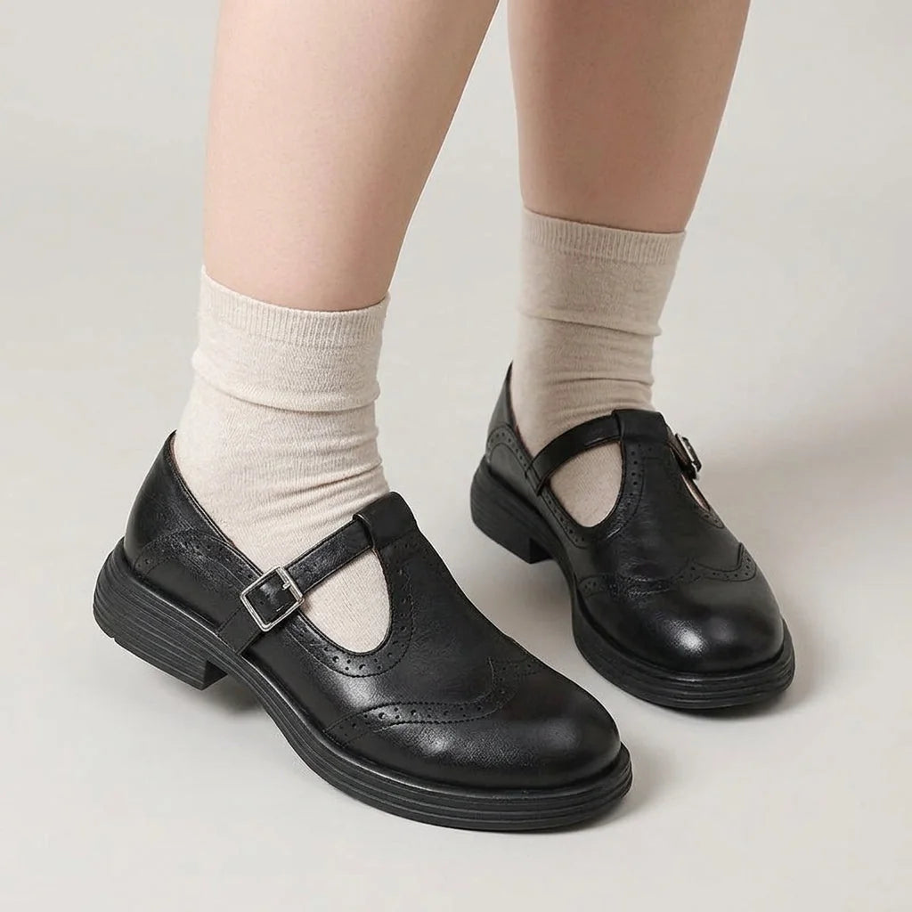 Black Women's T-Strap Leather Mary Janes — Jane Burnished Buckle Brogue - Studio Socks Pose