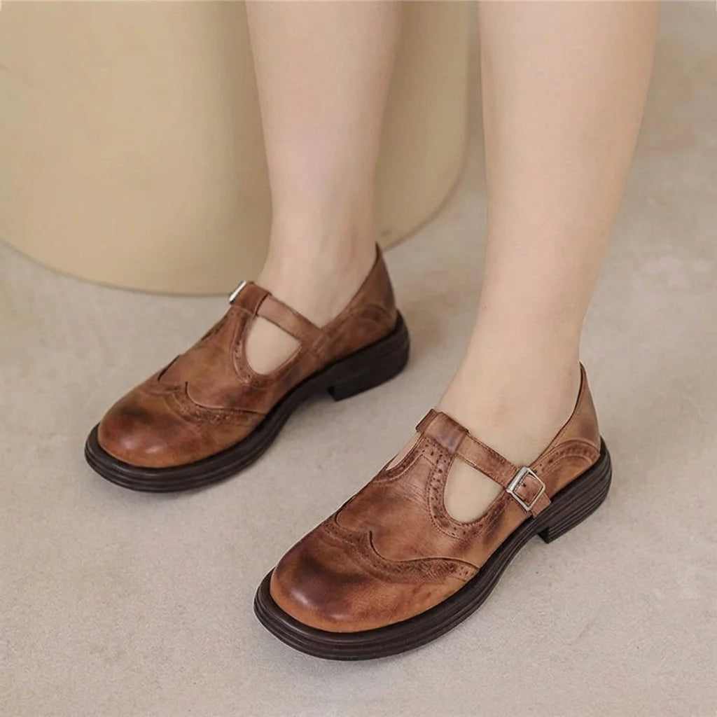 Brown Women's T-Strap Leather Mary Janes — Jane Burnished Buckle Brogue - Front Full