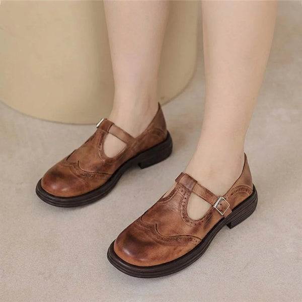 Brown Women's T-Strap Leather Mary Janes — Jane Burnished Buckle Brogue - Front Full