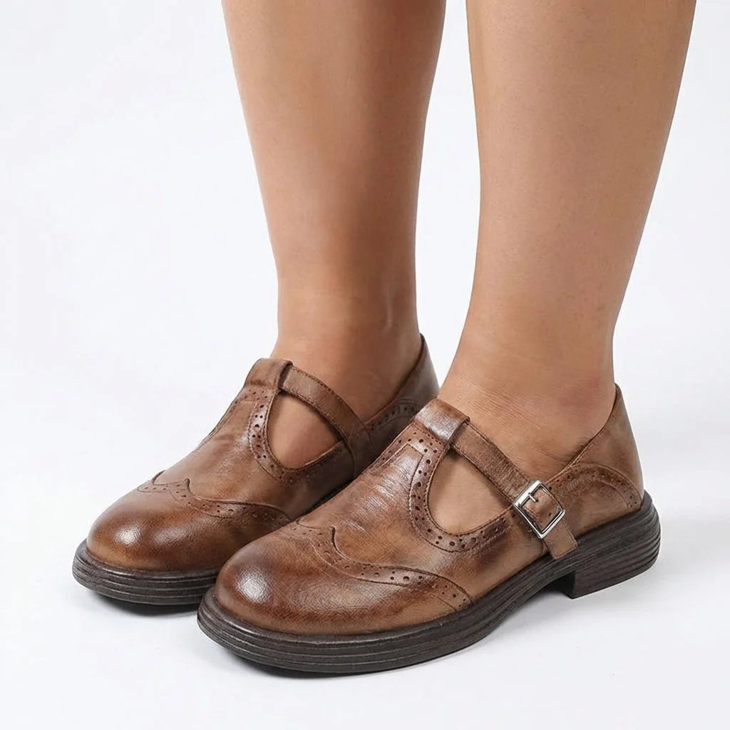 Brown Women's T-Strap Leather Mary Janes — Jane Burnished Buckle Brogue - Studio Front Full