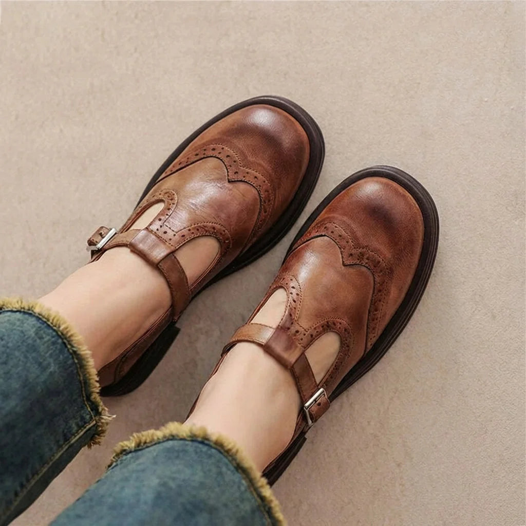 Brown Women's T-Strap Leather Mary Janes — Jane Burnished Buckle Brogue - Top Down View