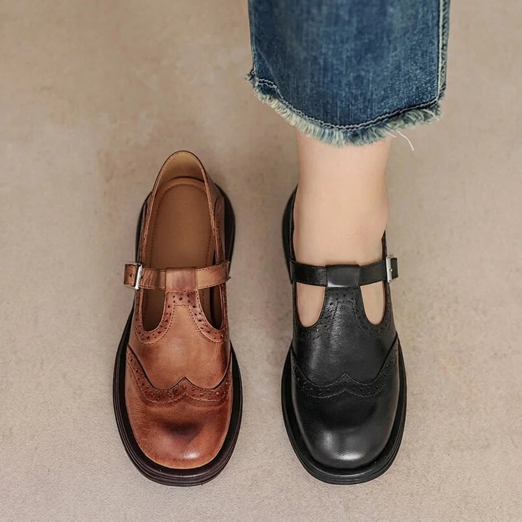Multicolor Women's T-Strap Leather Mary Janes — Jane Burnished Buckle Brogue - Color Comparison