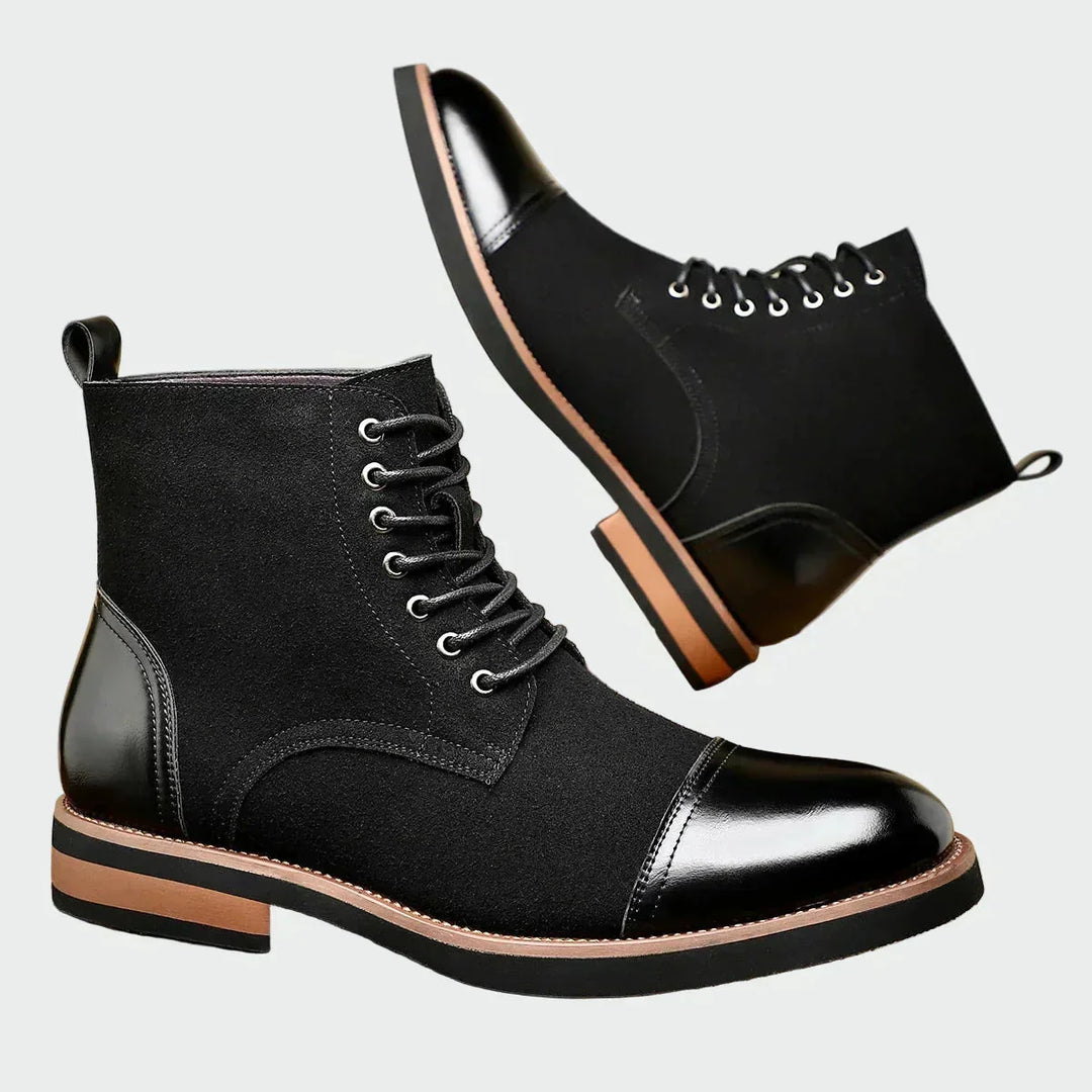 Black Men's Cap-Toe Leather Oxford Shoes — Esme Lace-Up Two-Tone Ankle Boots - Angled Pair View