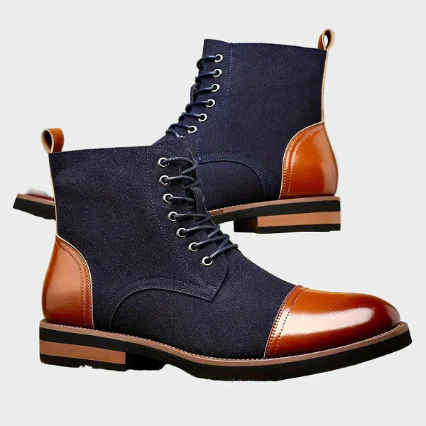 Blue Men's Cap-Toe Leather Oxford Shoes — Esme Lace-Up Two-Tone Ankle Boots - Front Side Pair