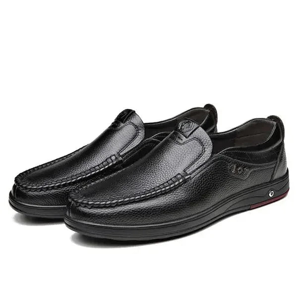 Black Men's Leather Slip-On Shoes — Ethan Cushioned Moc-Toe Work Loafers - Studio Pair