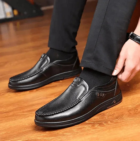 Black Men's Leather Slip-On Shoes — Ethan Cushioned Moc-Toe Work Loafers - Worn Lifestyle