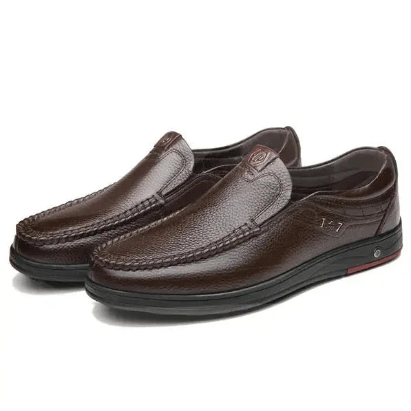 Brown Men's Leather Slip-On Shoes — Ethan Cushioned Moc-Toe Work Loafers - Studio Pair